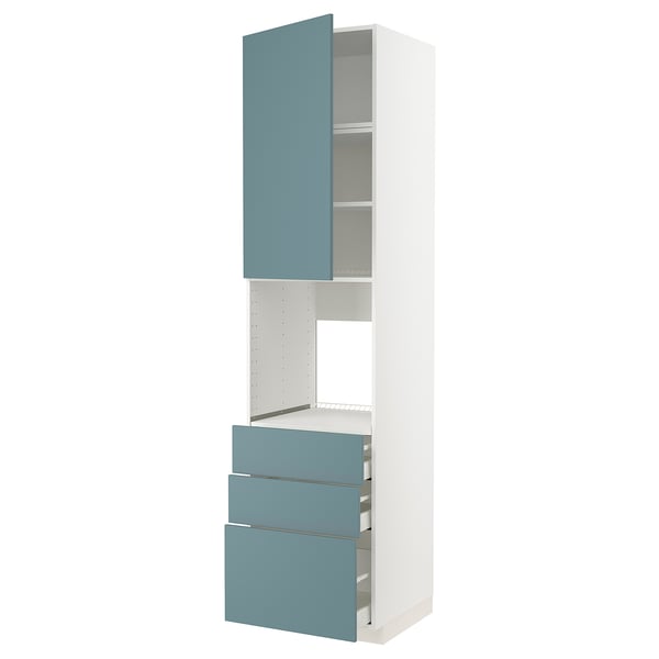 METOD kitchen unit with blue doors and drawers, white body, vertical shape.