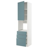 METOD kitchen unit with blue doors and drawers, white body, vertical shape.