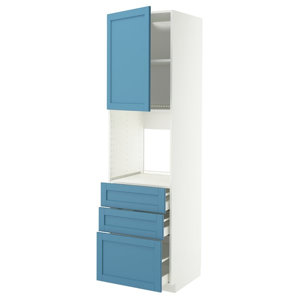METOD kitchen unit, white & blue, drawers and cabinet open, pine wood.