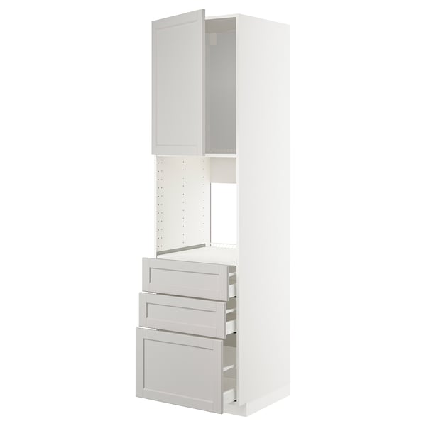 White METOD kitchen unit with grey lerhyttan doors and drawers.