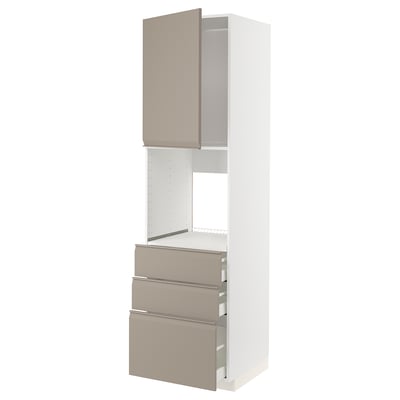 Modern kitchen unit, white with beige drawers, sleek handle-less design.