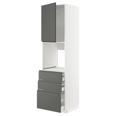 Modern kitchen cabinet, white with dark grey drawers, sleek design.