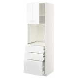 High gloss white kitchen cabinet with drawers and shelving.