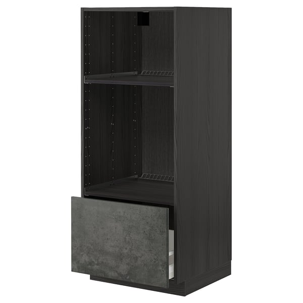 Dark grey kitchen cabinet, open, drawers, shelves, modern design.