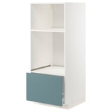 A white METOD kitchen unit with a blue drawer. It has an adjustable shelf and a metal pull-out drawer.
