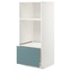 A white METOD kitchen unit with a blue drawer. It has an adjustable shelf and a metal pull-out drawer.