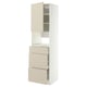 Modern beigecolored METOD kitchen unit with high cabinet, drawers and shelf. White frame, sleek design.