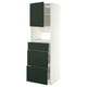 A METOD kitchen cabinet in white with dark green drawers and door. It has a modern, sleek design with three drawers and a tall shelf.