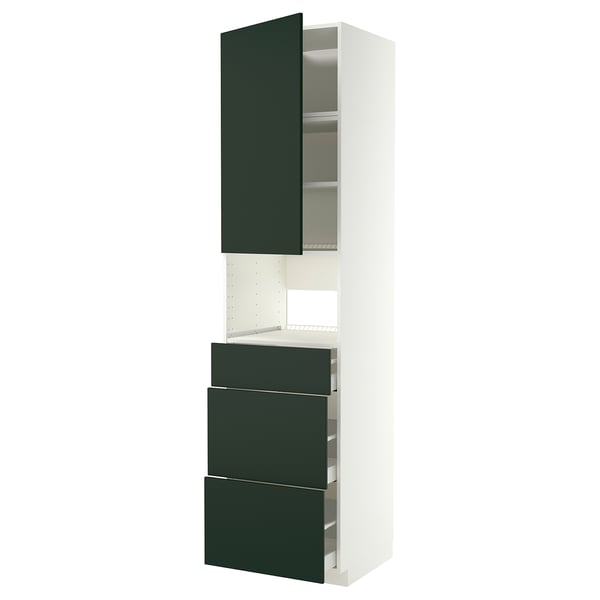 A METOD kitchen storage unit in green and white. It shelves and drawers, combining sleek, modern design with sturdy construction.