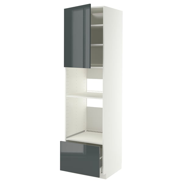 Modern white kitchen unit with high-gloss grey-green drawer and door, open with adjustable shelves.