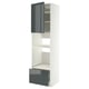 Modern white kitchen unit with high-gloss grey-green drawer and door, open with adjustable shelves.