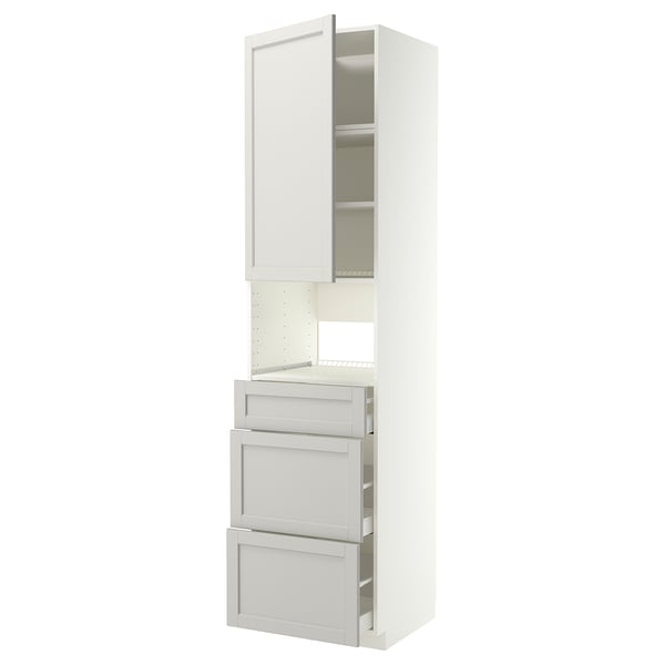 A white METOD kitchen cabinet with light grey lerhyttan drawers and door. It has a modern, minimalist design with a tall and slim shape.