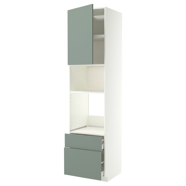 METOD kitchen unit in white and grey-green, with shelves and drawers.