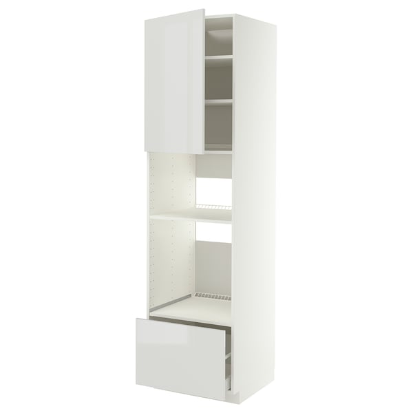 White tall kitchen cabinet, 3 shelves, pull-out drawer, modern design.