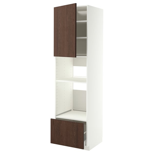 A tall white METOD kitchen cabinet with dark brown wooden doors and shelves.
