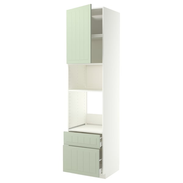METOD kitchen unit, light green, vertical, with shelves and drawers.