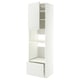 Depicts a white METOD kitchen cabinet set, featuring a mix of doors and shelves. It has a sleek, modern design with a clean and minimalist appearance.