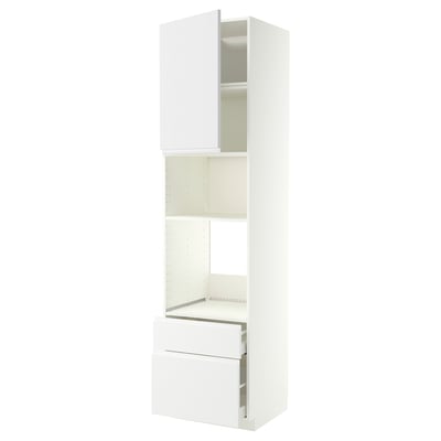 White METOD kitchen cabinet with drawers and shelves.