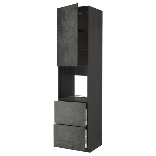 Modern black kitchen unit with concrete textured doors and open shelves.