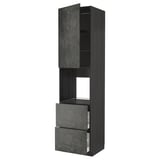 Modern black kitchen unit with concrete textured doors and open shelves.