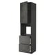 Modern black kitchen unit with concrete textured doors and open shelves.