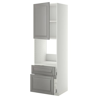 METOD kitchen unit in grey with drawers, shelves, and a door. Its made of wood and steel, ideal for storage.