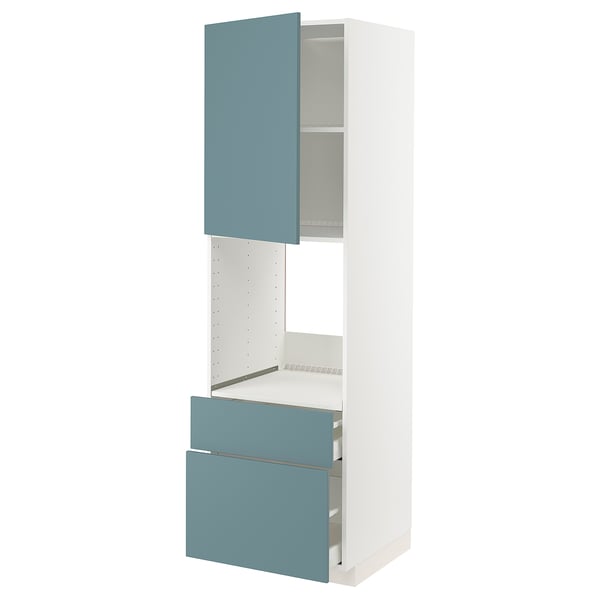 A METOD kitchen unit with turquoise havstorp fronts, featuring drawers and shelves in a sleek, modern design.