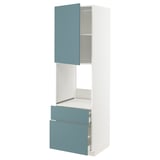 A METOD kitchen unit with turquoise havstorp fronts, featuring drawers and shelves in a sleek, modern design.