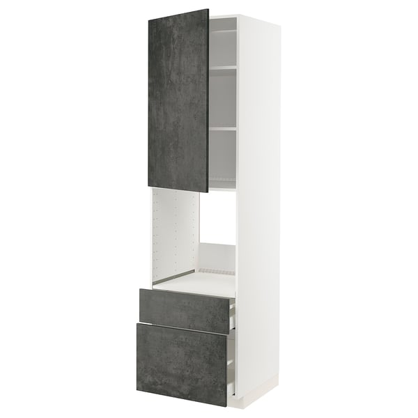 White METOD kitchen cabinet with dark grey kalhyttan drawers and doors, rectangular shape.