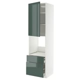 Modern tall kitchen unit with high-gloss green doors and drawers featuring sleek design.