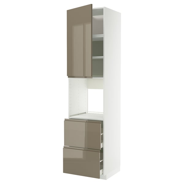 Modern kitchen unit with beige, sleek design and metal handles.