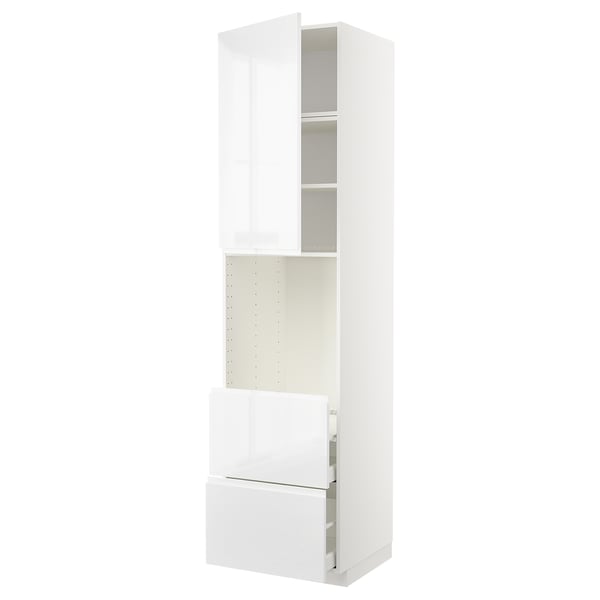 Modern white high gloss kitchen unit, tall with drawers and shelves.