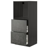 A dark grey, modern kitchen cabinet set with two drawers and an open compartment, part of the ikea METOD series.