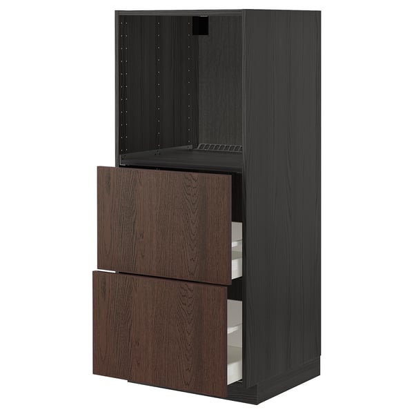 Modern dark brown kitchen cabinet with two drawers and an open shelf section. Wooden edges and a sleek, tall design.