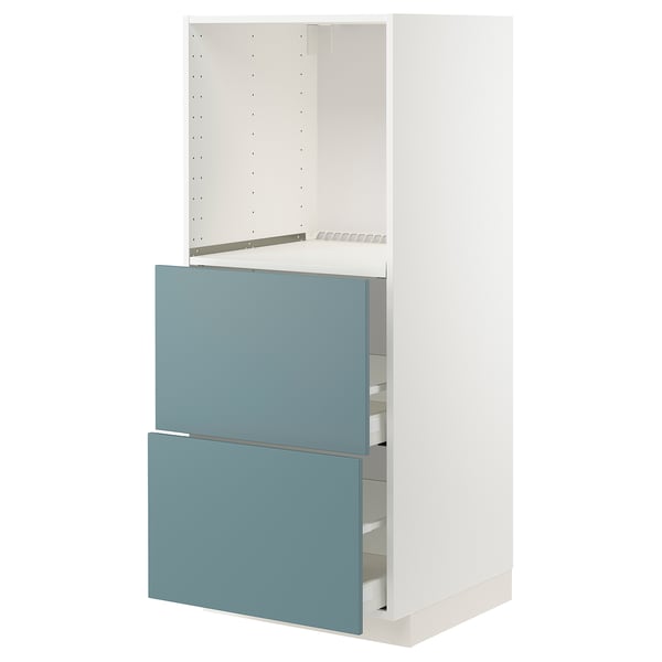 A white METOD kitchen unit with turquoise havstorp drawers, featuring a modern smooth design.