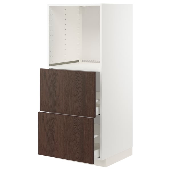 White METOD kitchen unit with dark brown sinarp drawers and solid wood edges.
