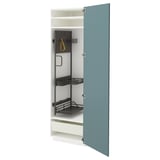 Open blue kitchen cabinet, featuring adjustable shelves, smooth drawer, steel handles.