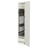 White vertical kitchen cabinet with adjustable shelves and soft-closing drawers.