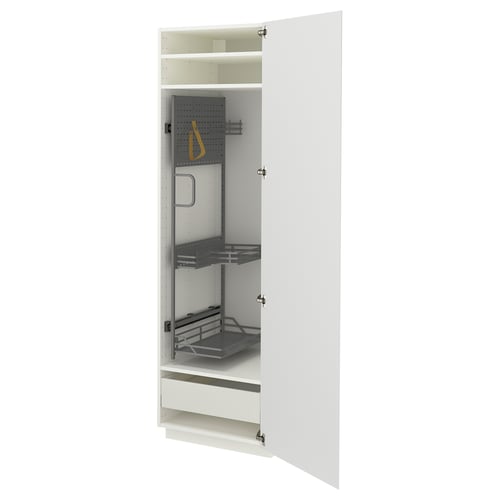 METOD / MAXIMERA High cabinet with cleaning interior, white/VOXTORP high-gloss white vertical handle, 60x60x200 cm