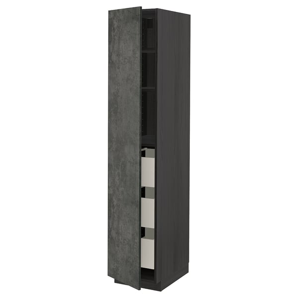 Dark grey cabinet, vertical, modern design with open door showing one shelf and drawer.