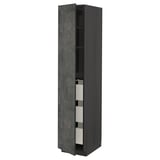 Dark grey cabinet, vertical, modern design with open door showing one shelf and drawer.