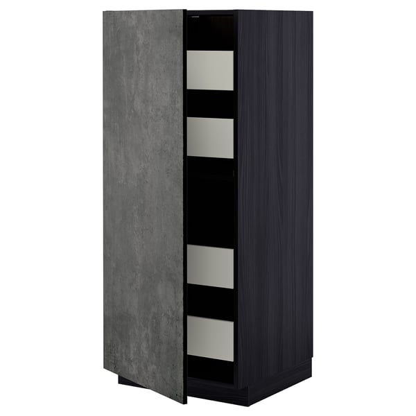 A dark grey METOD kitchen cabinet with multiple shelves and drawers, featuring a modern, urban design.