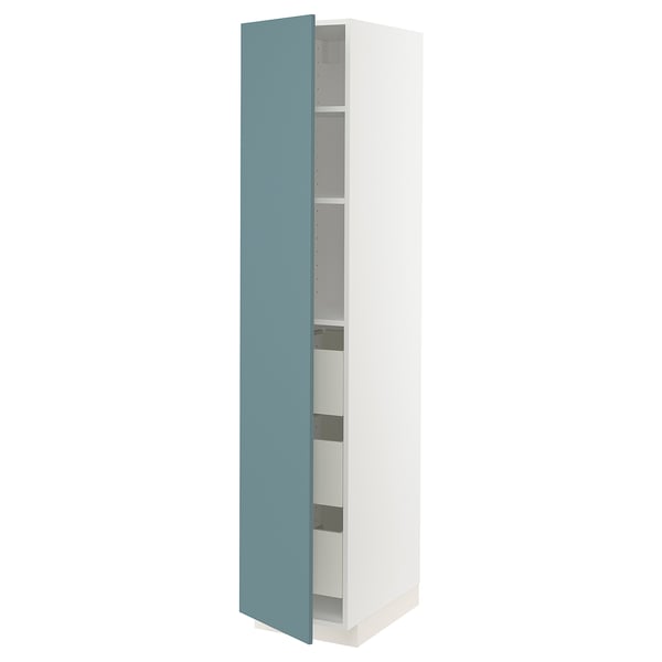 A modern white METOD kitchen cabinet with a turquoise door, one adjustable shelf, and a smooth finish.