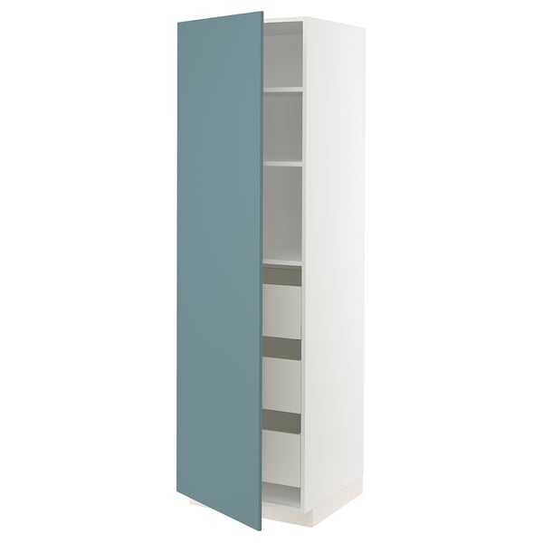 A white METOD kitchen cabinet with a blue havstorp door, featuring shelves and a drawer for storage.