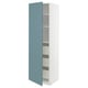 A white METOD kitchen cabinet with a blue havstorp door, featuring shelves and a drawer for storage.