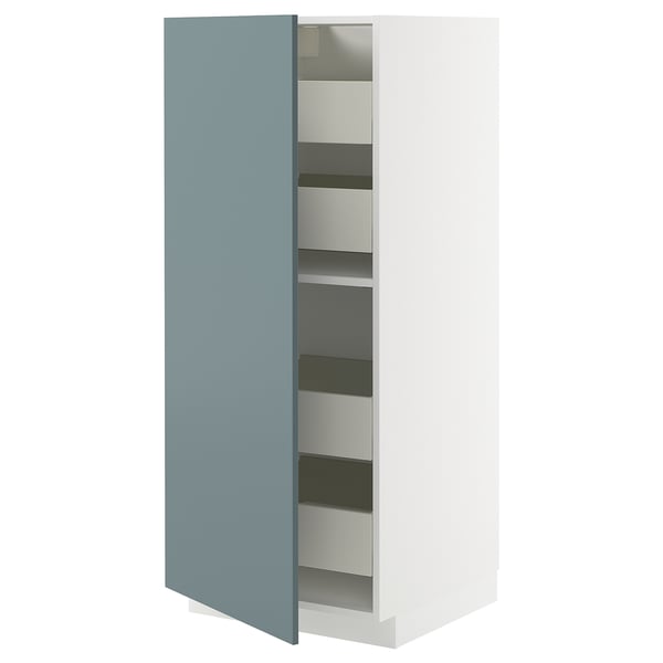 Turquoise vertical storage cabinet with 4 drawers and adjustable shelf.