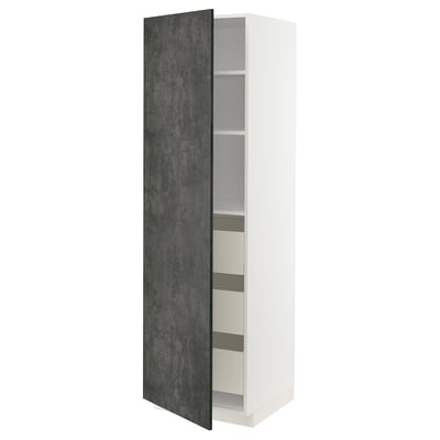 Ikea METOD kitchen cabinet, dark grey, white shelves, tall, rectangular with one door open.