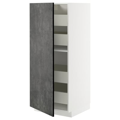 Open white METOD kitchen cabinet with dark gray concrete door and adjustable shelves.