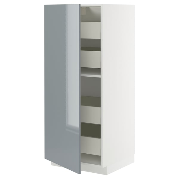 A modern light blue cabinet with a white frame and multiple shelves. It a sleek design with a built-in drawer system.
