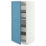 A white METOD cabinet with a blue door, featuring multiple shelves inside.